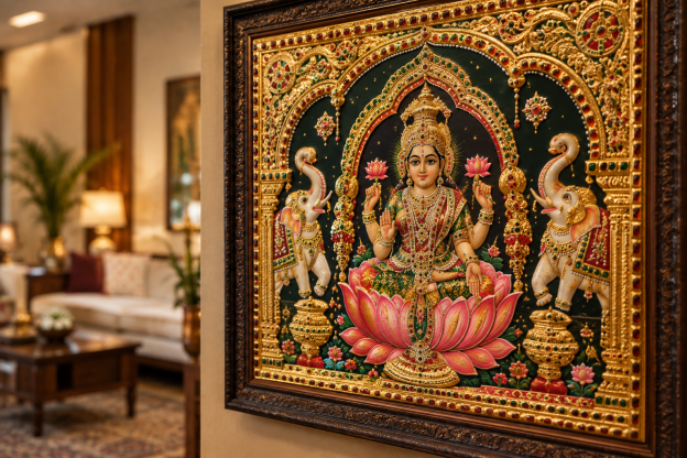 Tanjore painting for home decor in an elegant Indian living room
